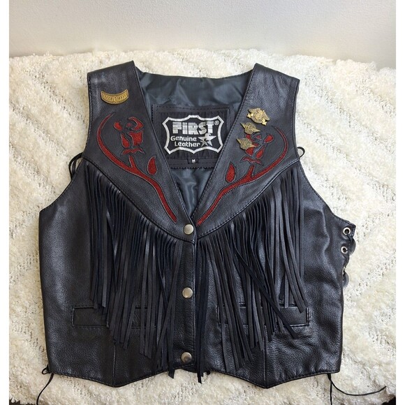 VTG FIRST GENUINE Fringe Leather Biker Vest Sz M Black Red Rose Concho Western - Picture 1 of 10